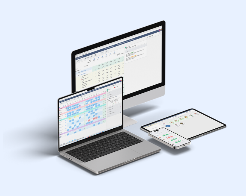 Workforce management solution displaying shift scheduling and time tracking across desktop, laptop and mobile devices.